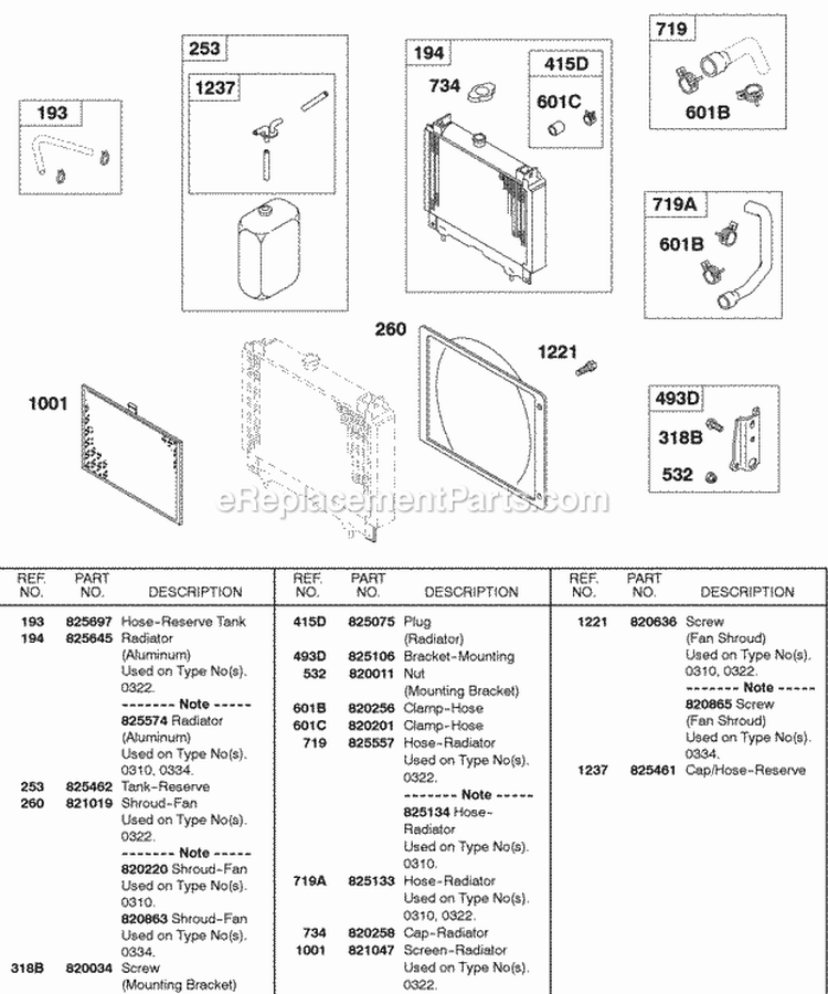 Radiator Hoses Diagram and Parts List for 589447-0310-99  Briggs and Stratton Engine